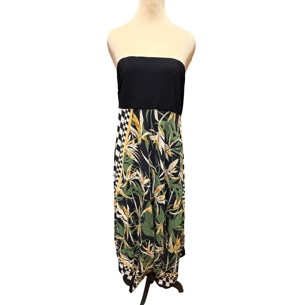 Nicole Miller Studio Silk Strapless Tropical Bird of Paradise Checkered Dress L